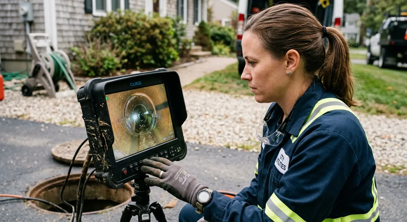 Technician reviewing sewer camera inspection footage in Oak Forest