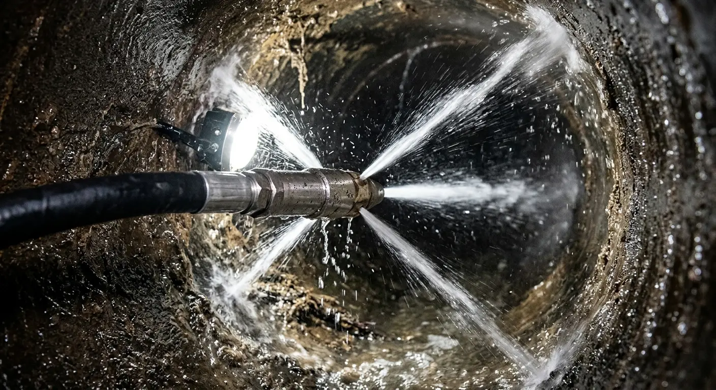 High-pressure hydro jetting nozzle cleaning sewer pipe for Sewer Cleanout in Oak Forest