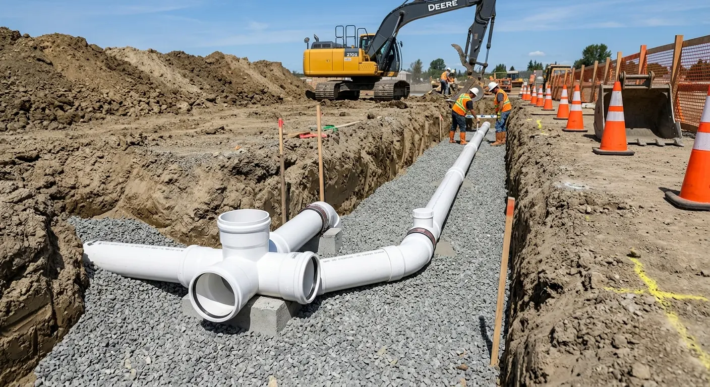 New PVC sewer pipe installation in open trench for Sewer Backup in Oak Forest