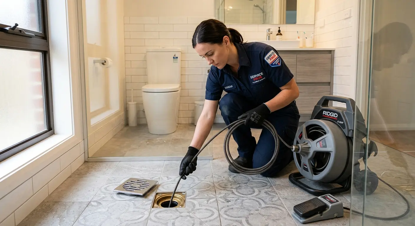 Technician clearing a bathroom floor drain for Clogged Drain Repair in Oak Forest